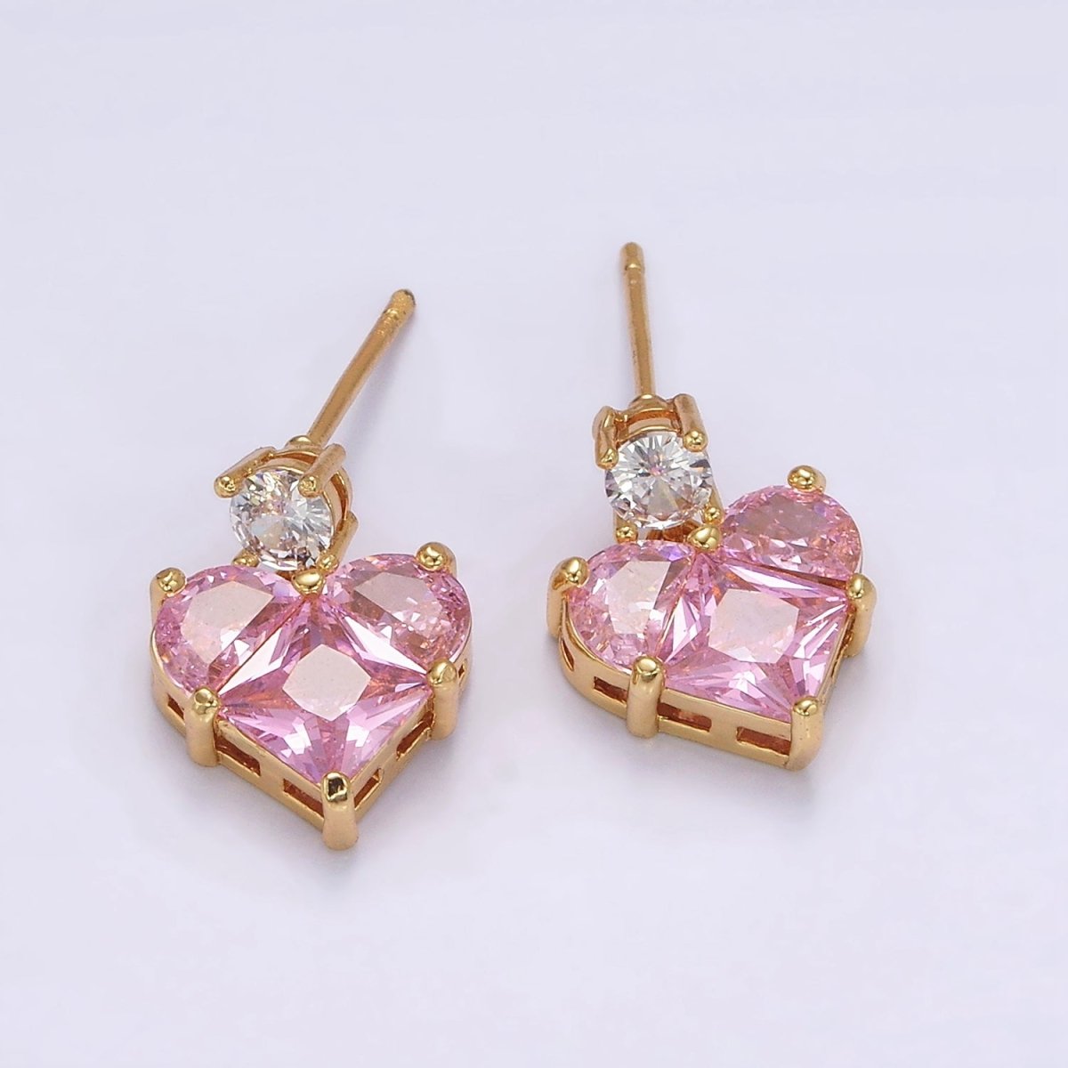 14K Gold Filled Pink Pixelated CZ Heart Drop Stud Earrings | AB485