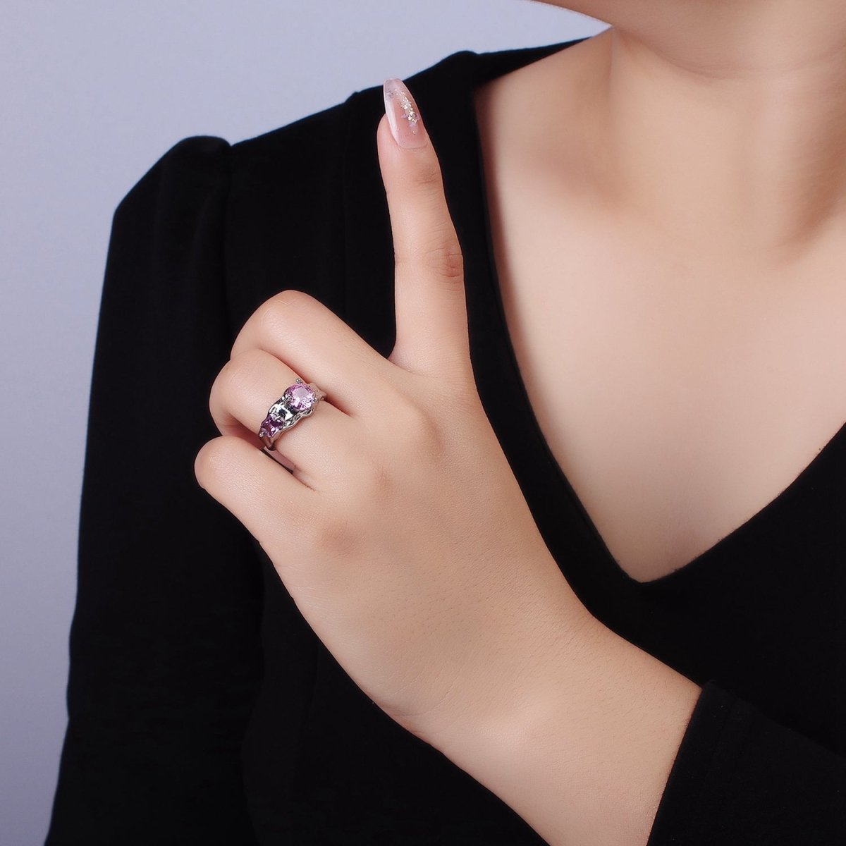 14K Gold Filled Pink Purple CZ Hammered Ring in Gold & Silver | O1329 O1330