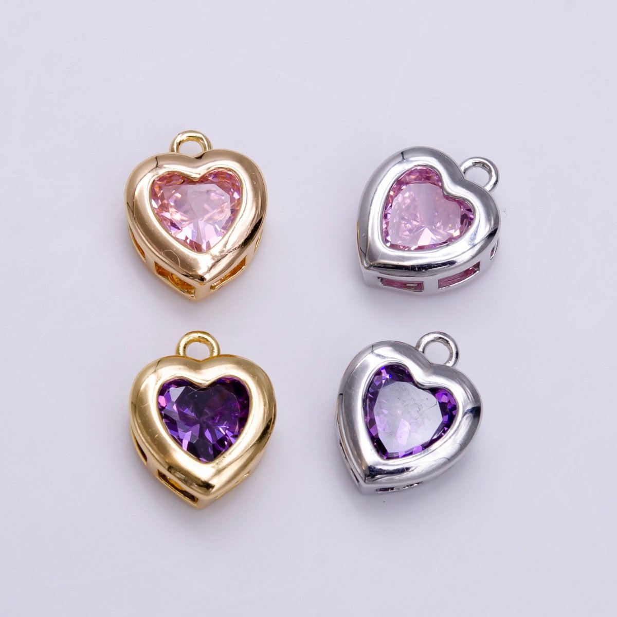 14K Gold Filled Pink, Purple CZ Heart Bezel Charm in Gold & Silver | C655 C662 C665 C680