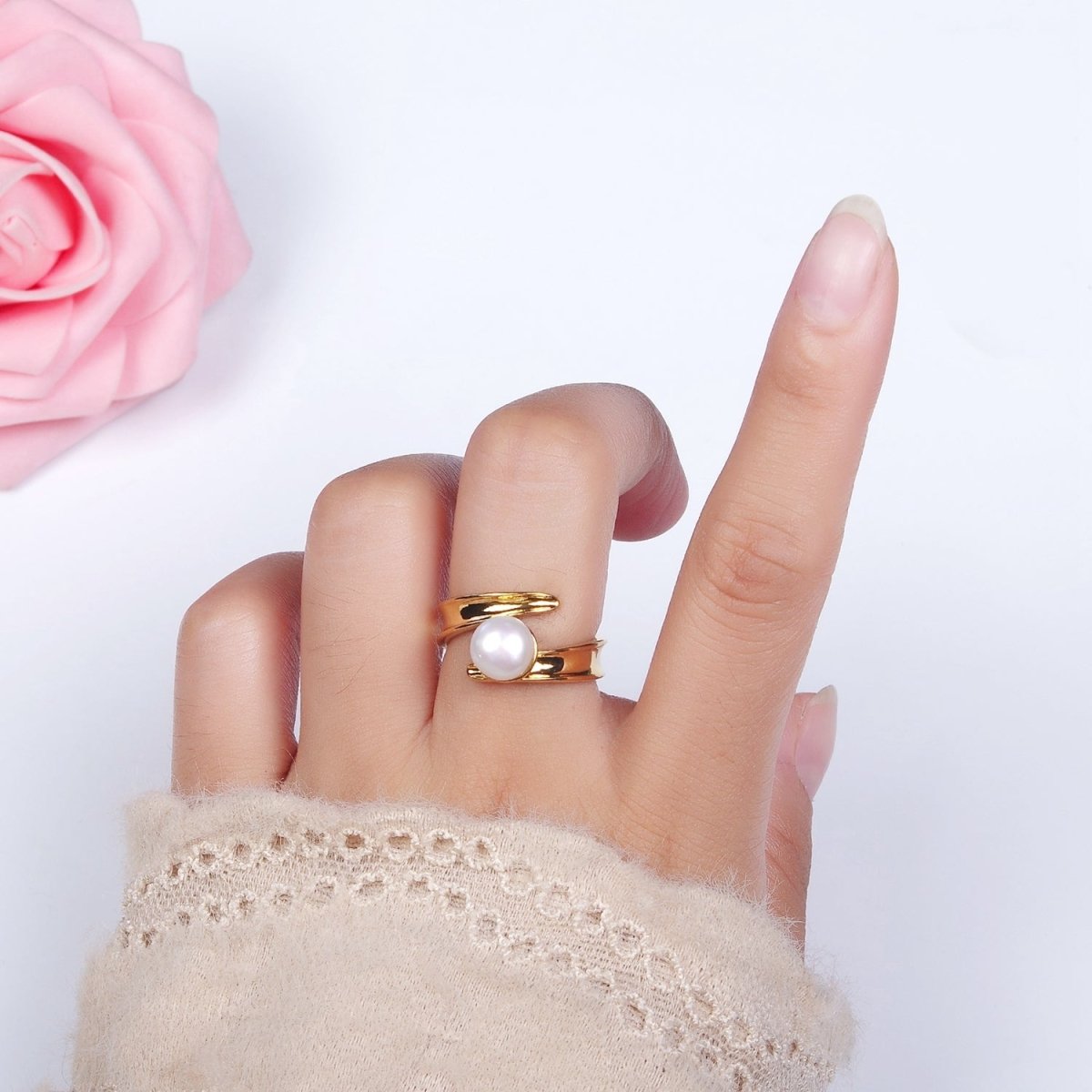 14K Gold Filled Pink, White Pearl Curved Wrap Band Minimalist Ring in Gold & Silver | O1086 - O1089