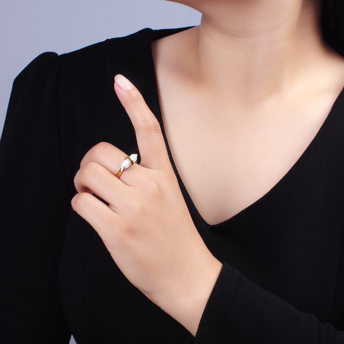 14K Gold Filled Pointed Wand Citrine, Rose Quartz, Aquamarine, Amazonite, Howlite, Amethyst, Labradorite, Onyx Ring | O1043 - O1050