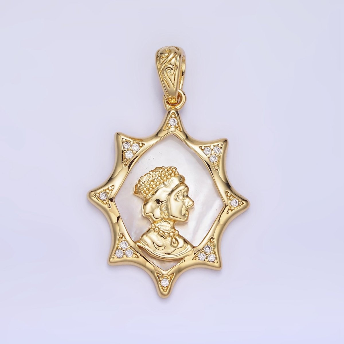 14K Gold Filled Portrait Shell Pearl Celestial Star CZ Micro Paved Pendant | AA1130