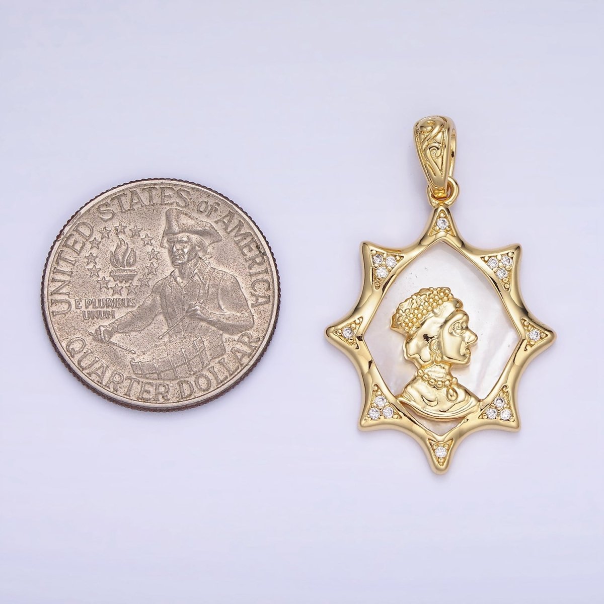 14K Gold Filled Portrait Shell Pearl Celestial Star CZ Micro Paved Pendant | AA1130