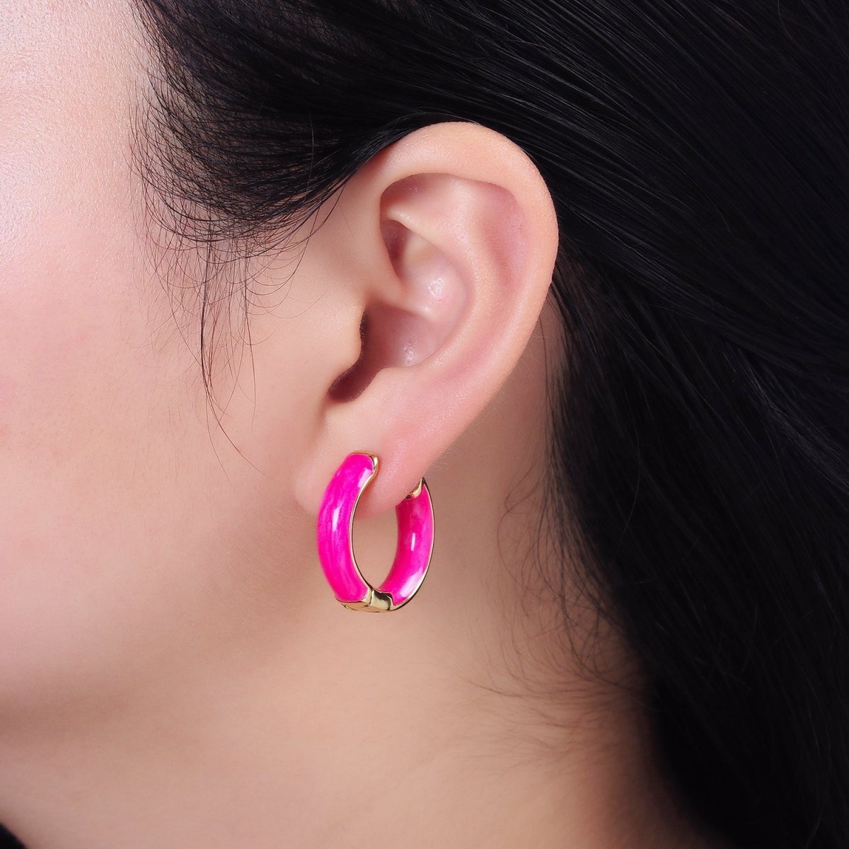 14K Gold Filled Purple, Black, White, Baby Pink, Hot Pink, Teal Sparkly Enamel Front-Facing 25mm Hoop Earrings | AE653 - AE658