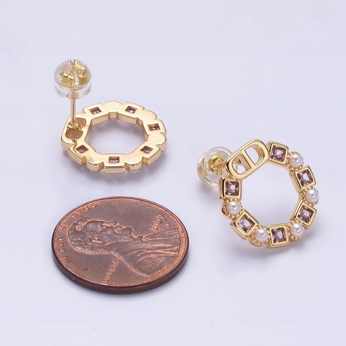 14K Gold Filled Purple, Blue CZ Pearl Open Round Stud Earrings in Gold & Silver | AD1122 - AD1125
