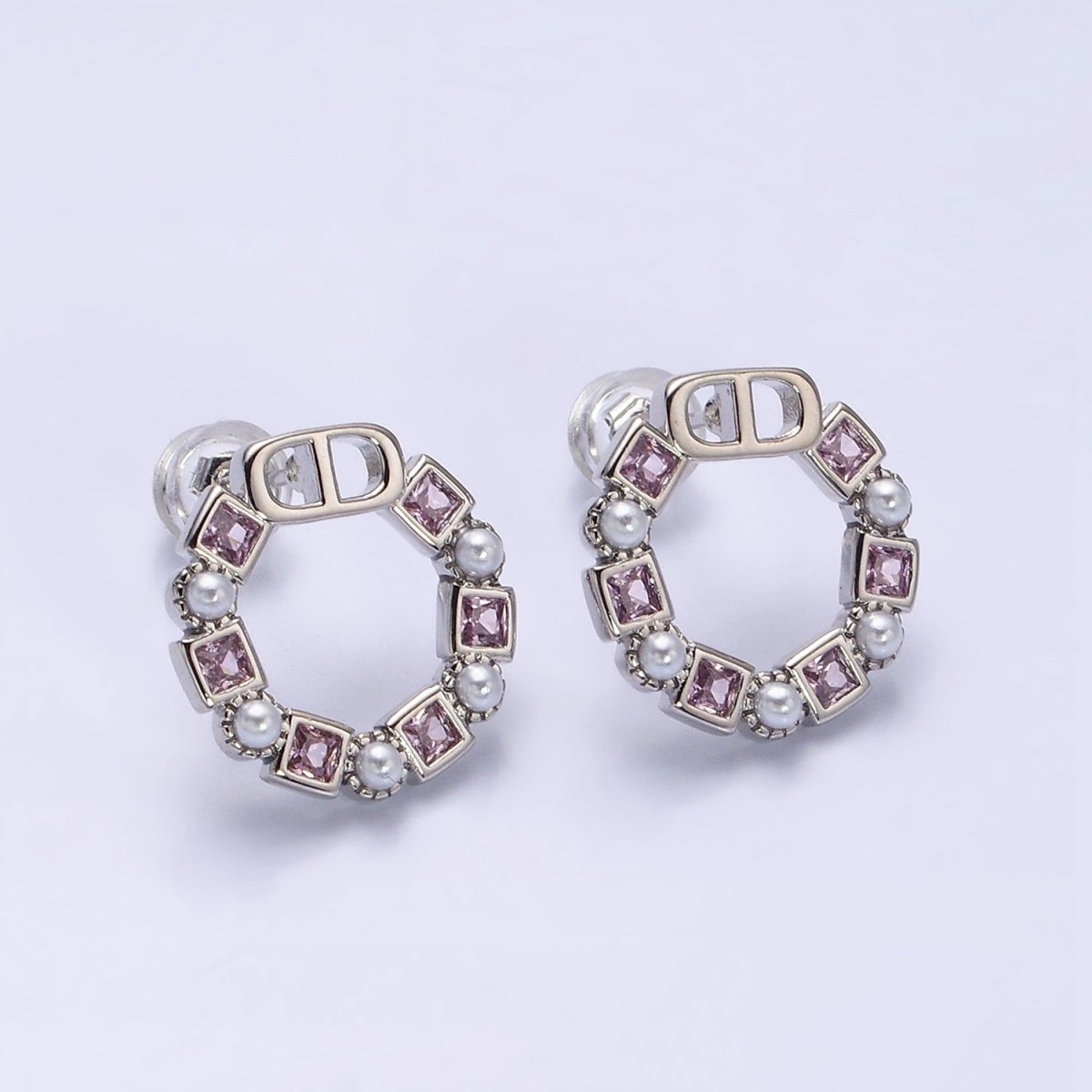 14K Gold Filled Purple, Blue CZ Pearl Open Round Stud Earrings in Gold & Silver | AD1122 - AD1125
