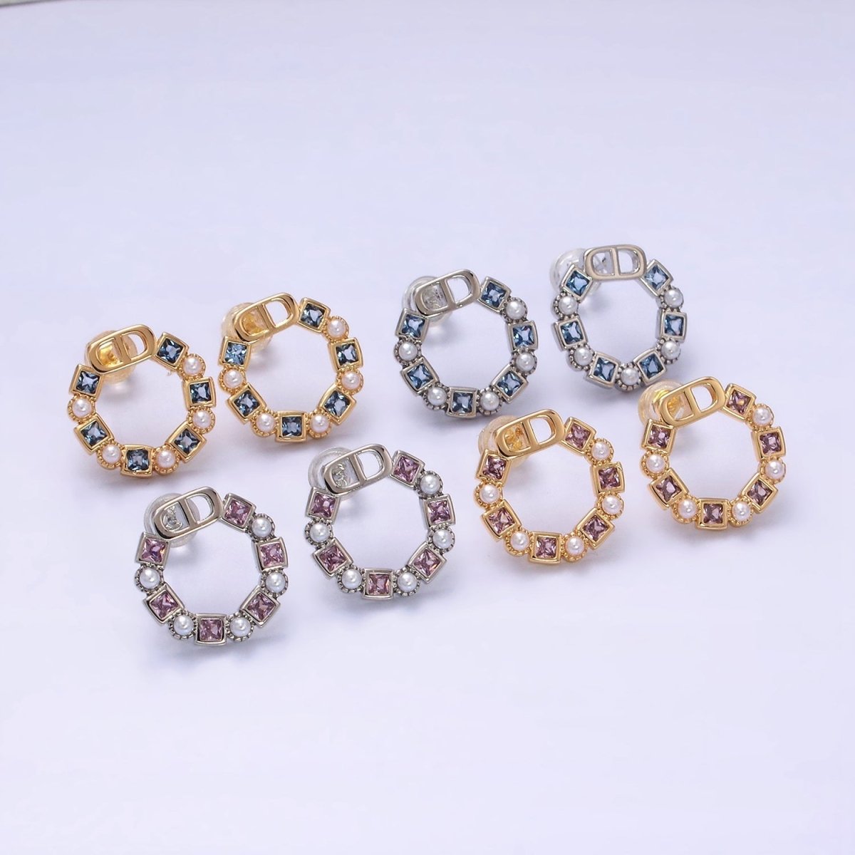 14K Gold Filled Purple, Blue CZ Pearl Open Round Stud Earrings in Gold & Silver | AD1122 - AD1125