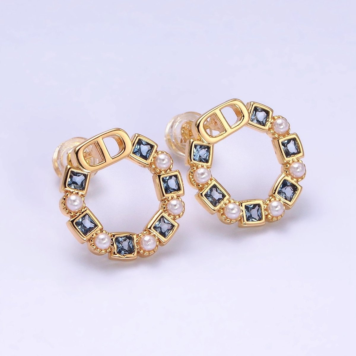 14K Gold Filled Purple, Blue CZ Pearl Open Round Stud Earrings in Gold & Silver | AD1122 - AD1125