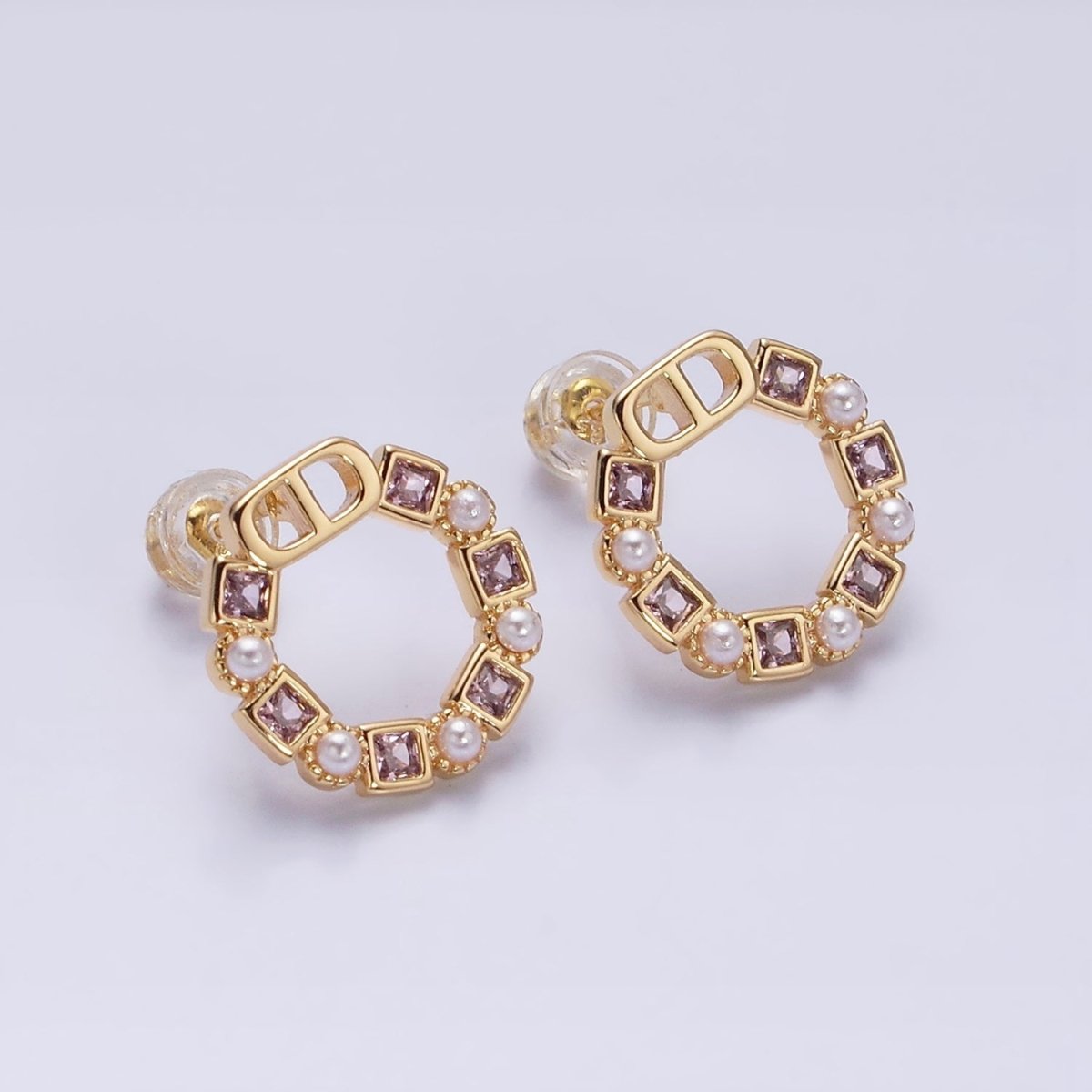 14K Gold Filled Purple, Blue CZ Pearl Open Round Stud Earrings in Gold & Silver | AD1122 - AD1125