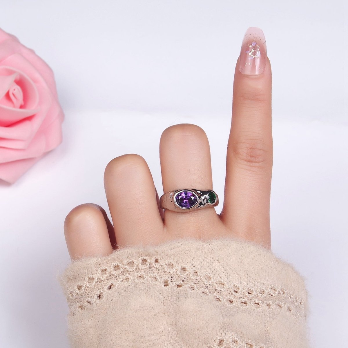 14K Gold Filled Purple Green CZ Hammered Ring in Gold & Silver | O1339 O1340