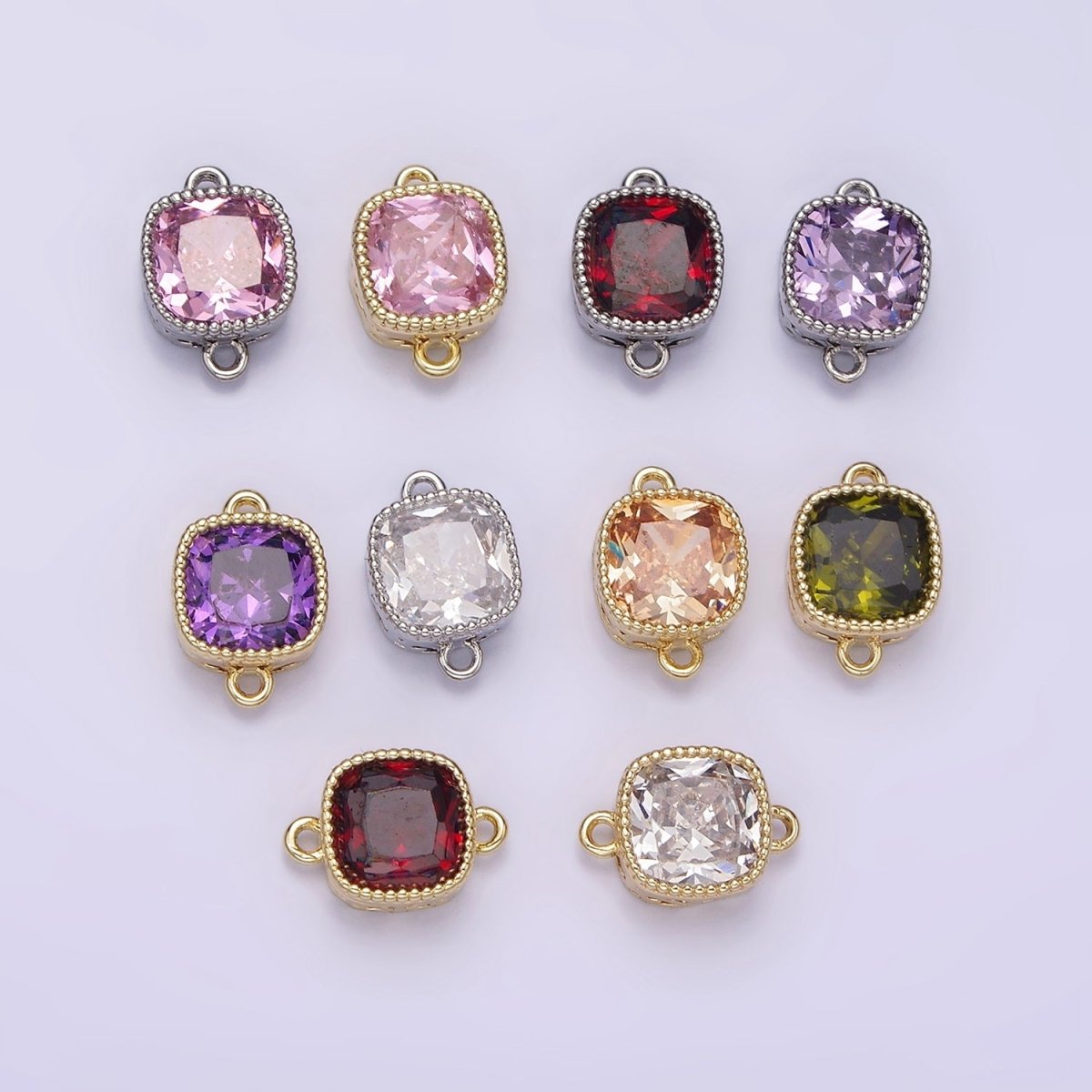 14K Gold Filled Purple, Red, Pink, Clear, Peach, Green CZ Square Filigree Connector in Gold & Silver | G-065 - G-074