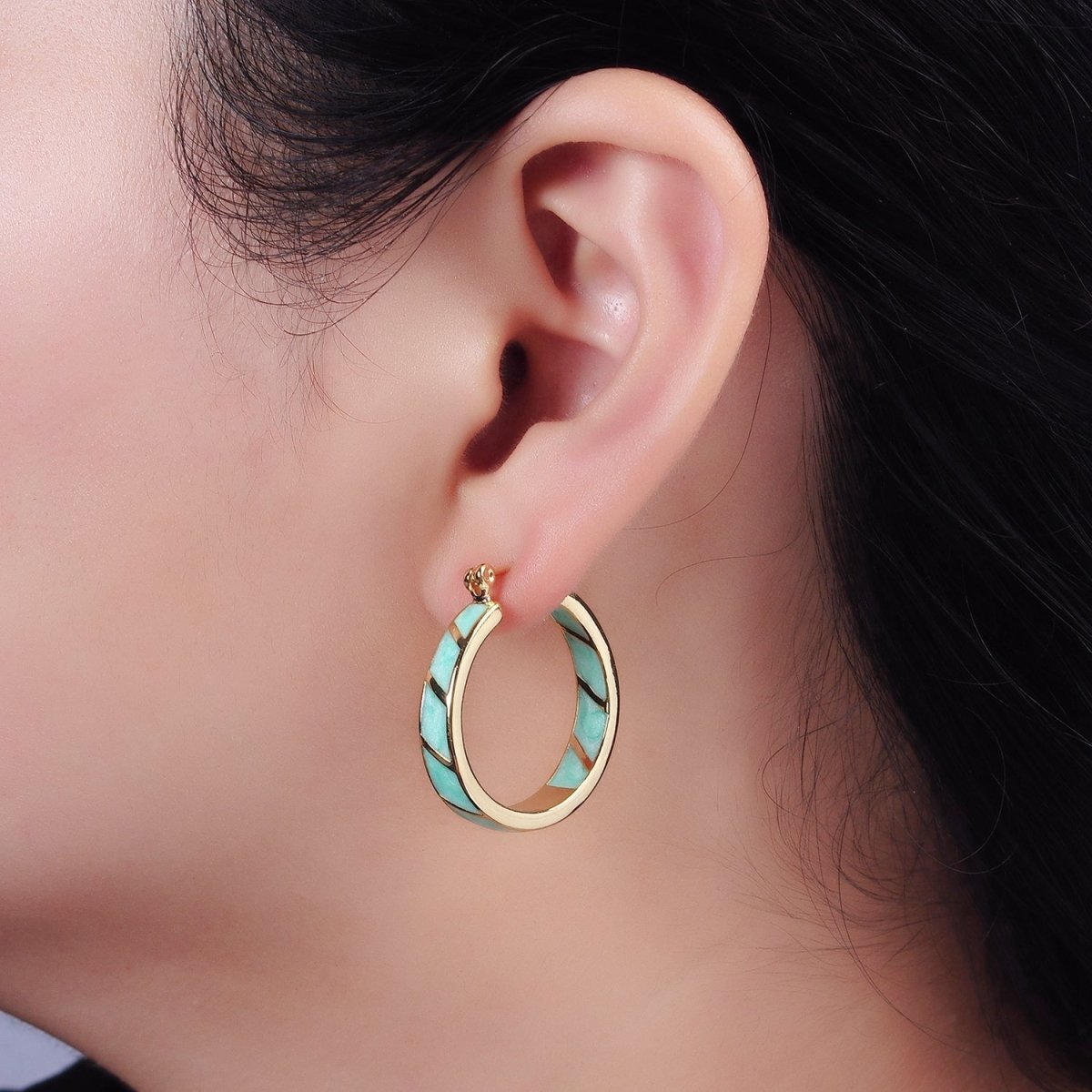 14K Gold Filled Purple, Teal, Pink, White Enamel Front-Facing Round Latch Hoop Earrings | AE945 - AE948