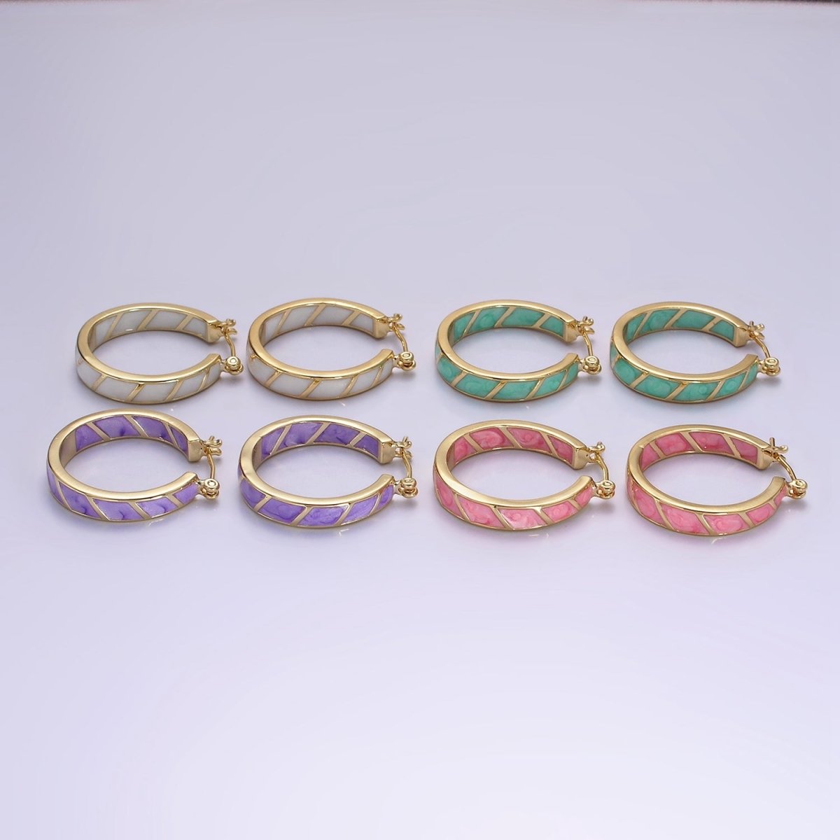 14K Gold Filled Purple, Teal, Pink, White Enamel Front-Facing Round Latch Hoop Earrings | AE945 - AE948