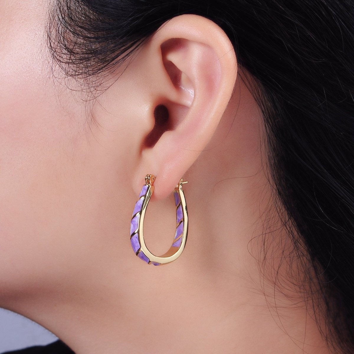 14K Gold Filled Purple, Teal, Pink, White Enamel Front-Facing U-Shaped Latch Hoop Earrings | AE951 - AE954