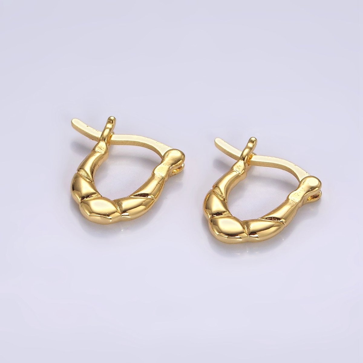 14K Gold Filled Quilted Puffed U-Shaped French Lock Latch Hoop Earrings | AE980