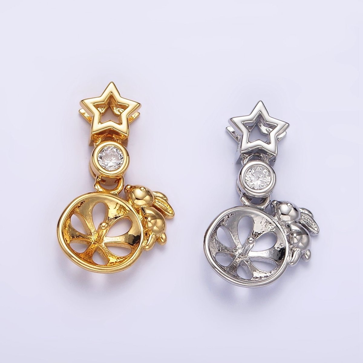 14K Gold Filled Rabbit Bunny Animal Wheel CZ Celestial Star Open Pendant in Gold & Silver | N1854 N1855