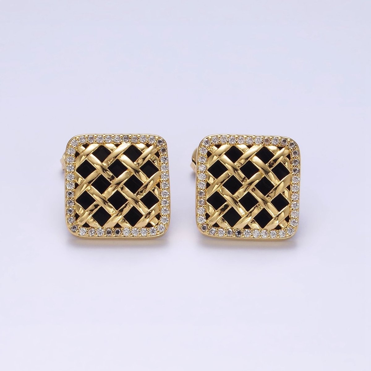 14K Gold Filled Rattan Black Acrylic Micro Paved CZ Rhombus Stud Earrings | AE686