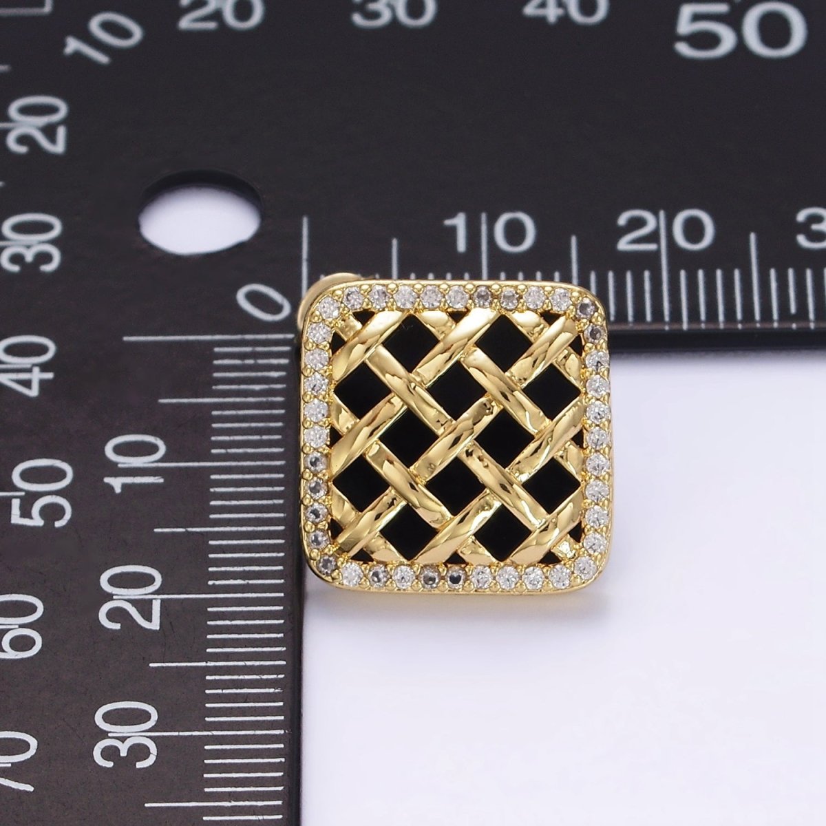 14K Gold Filled Rattan Black Acrylic Micro Paved CZ Rhombus Stud Earrings | AE686