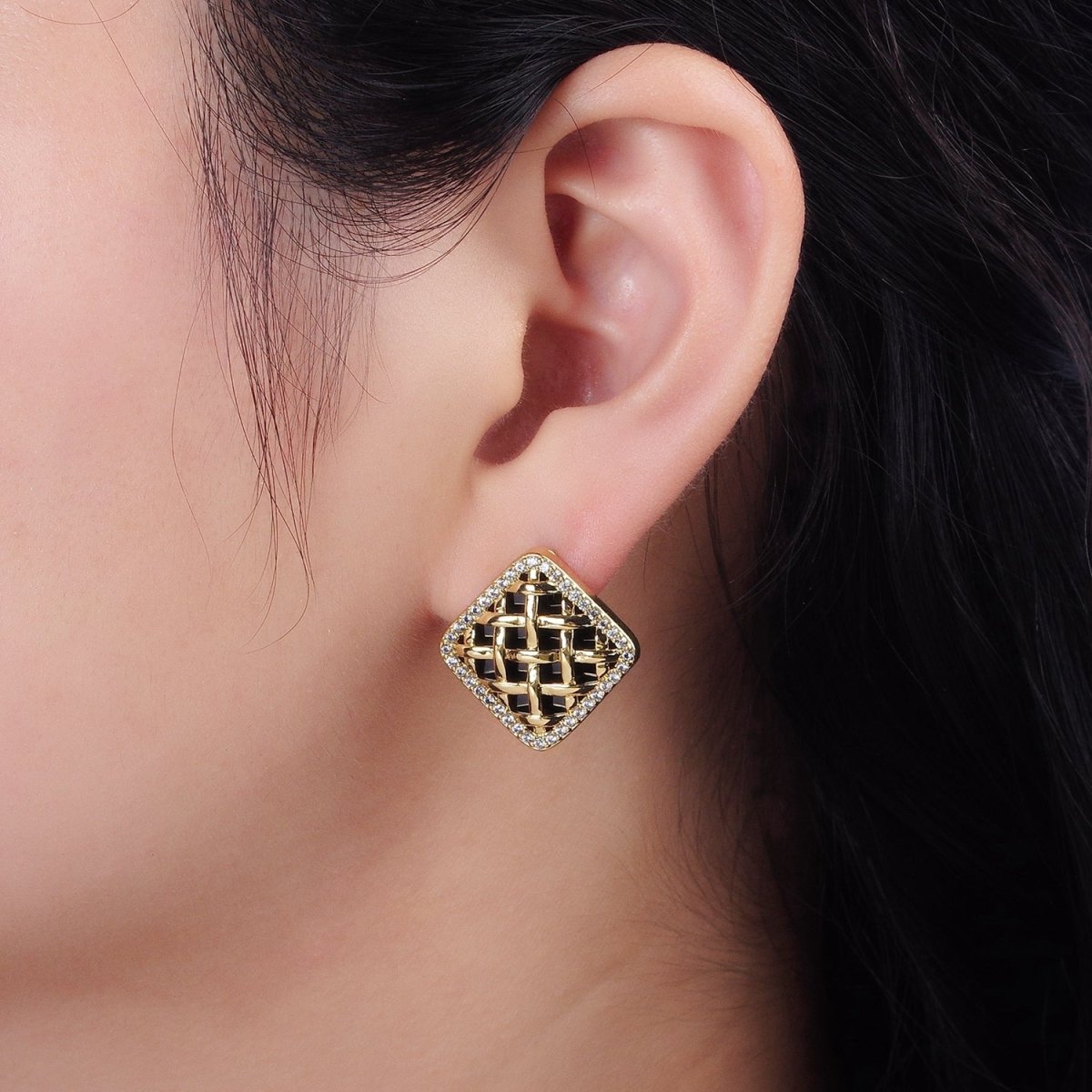 14K Gold Filled Rattan Black Acrylic Micro Paved CZ Rhombus Stud Earrings | AE686