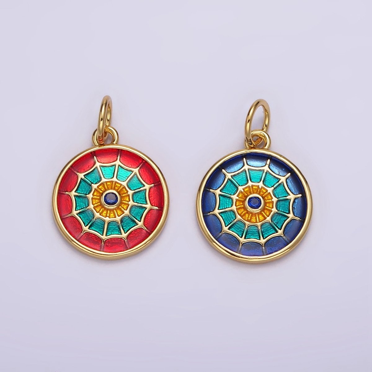 14K Gold Filled Red, Blue Multicolor Spider Web Evil Eye Round Charm | AG525 AG526