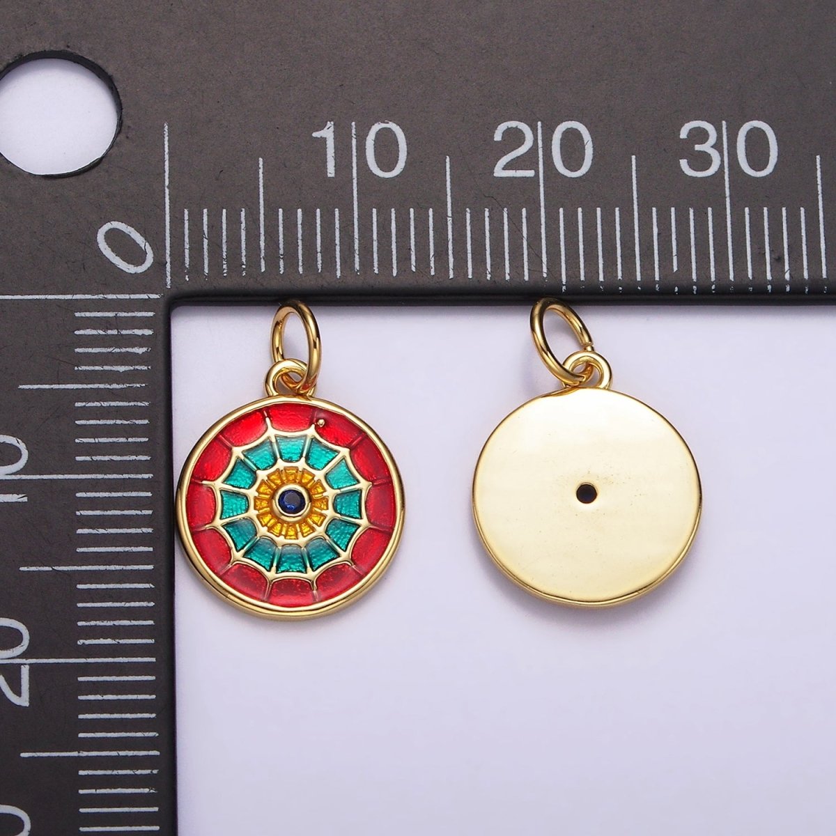 14K Gold Filled Red, Blue Multicolor Spider Web Evil Eye Round Charm | AG525 AG526