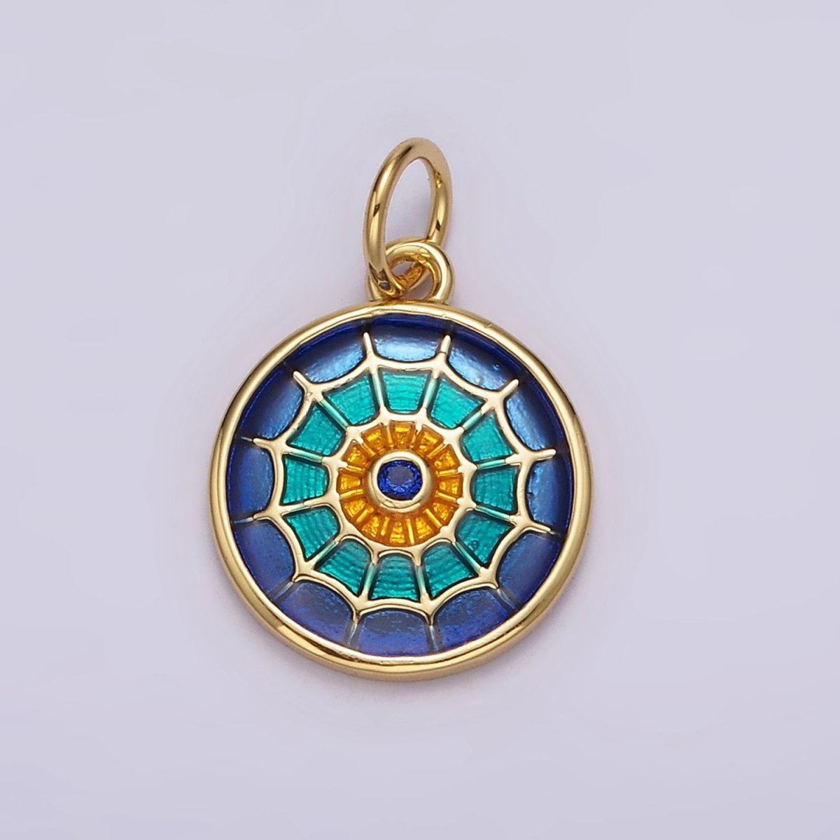 14K Gold Filled Red, Blue Multicolor Spider Web Evil Eye Round Charm | AG525 AG526
