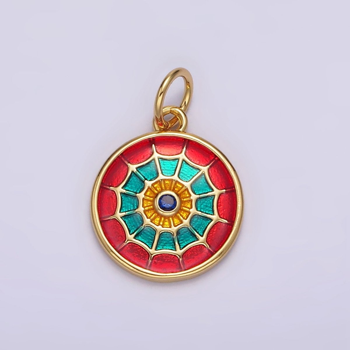 14K Gold Filled Red, Blue Multicolor Spider Web Evil Eye Round Charm | AG525 AG526
