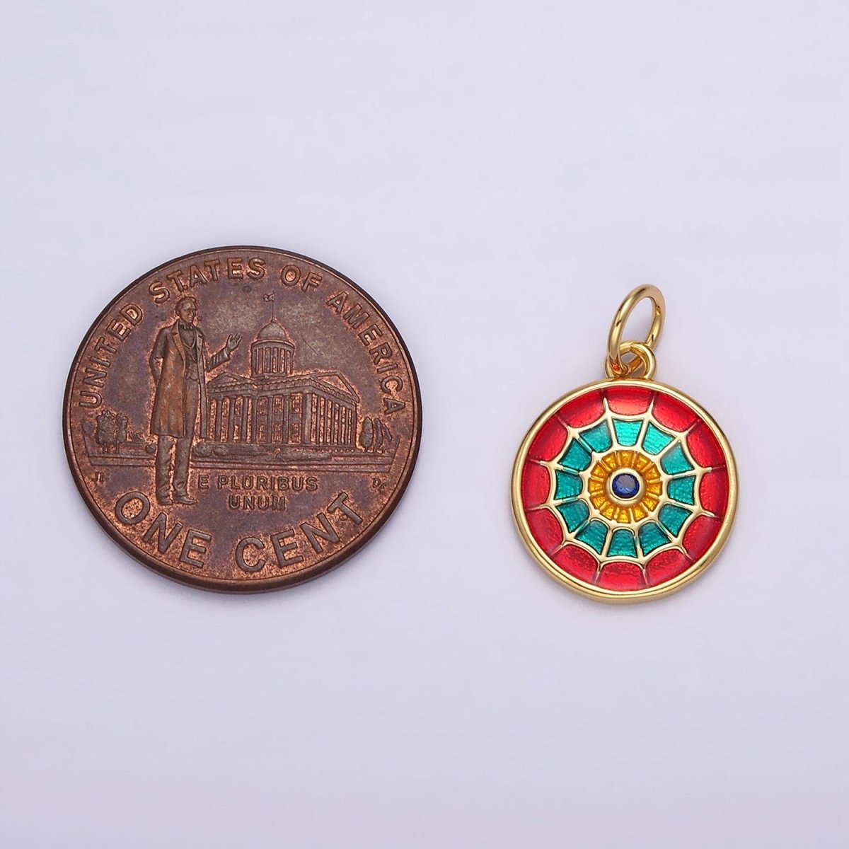 14K Gold Filled Red, Blue Multicolor Spider Web Evil Eye Round Charm | AG525 AG526