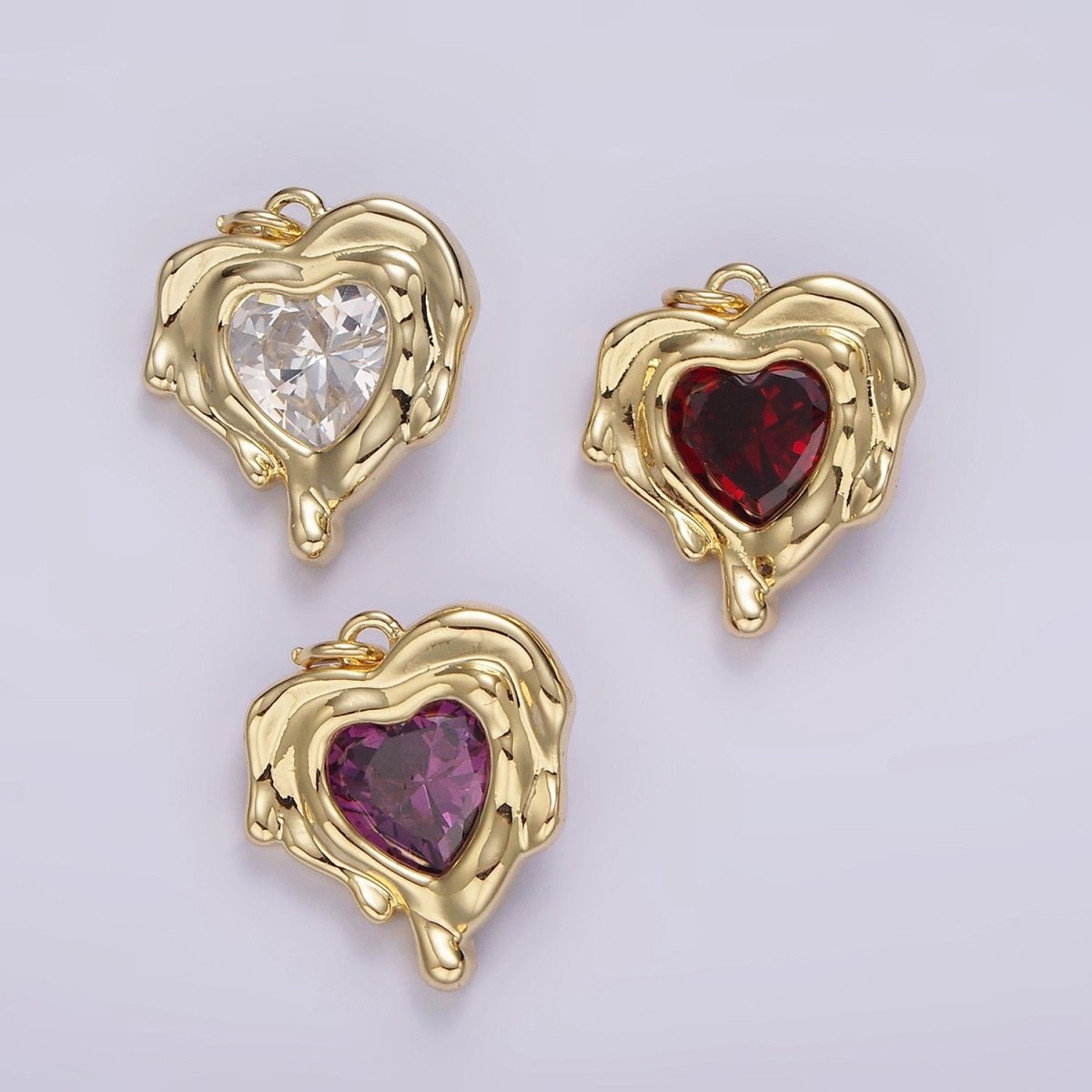 14K Gold Filled Red, Clear, Purple CZ Heart Molten Drip Bezel Charm | AG506 - AG508