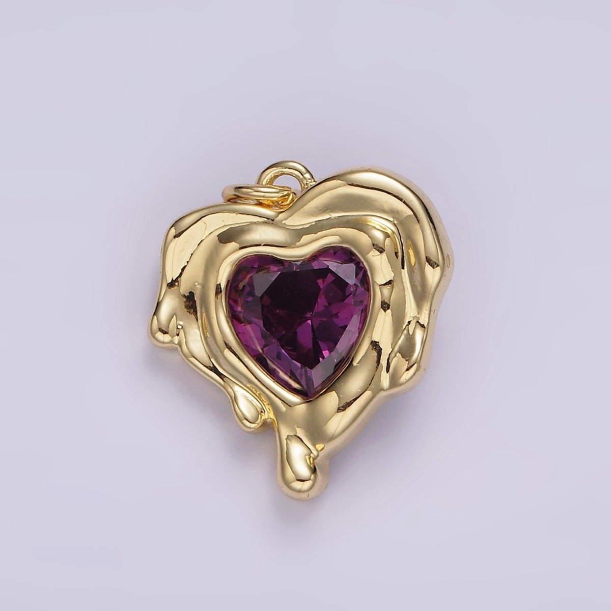 14K Gold Filled Red, Clear, Purple CZ Heart Molten Drip Bezel Charm | AG506 - AG508