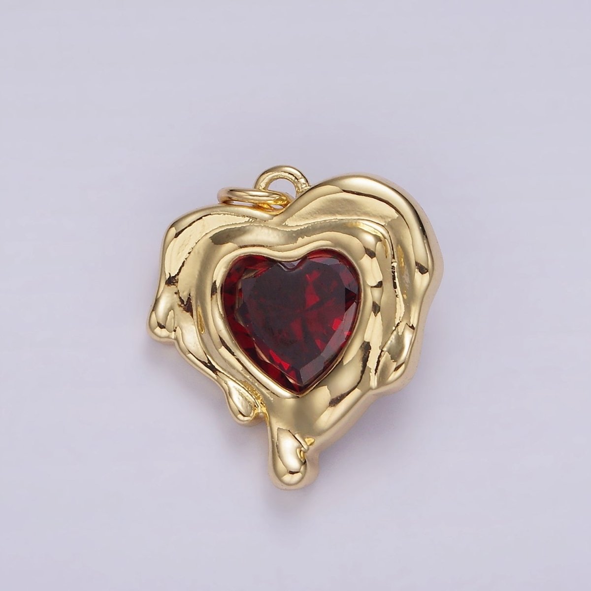 14K Gold Filled Red, Clear, Purple CZ Heart Molten Drip Bezel Charm | AG506 - AG508