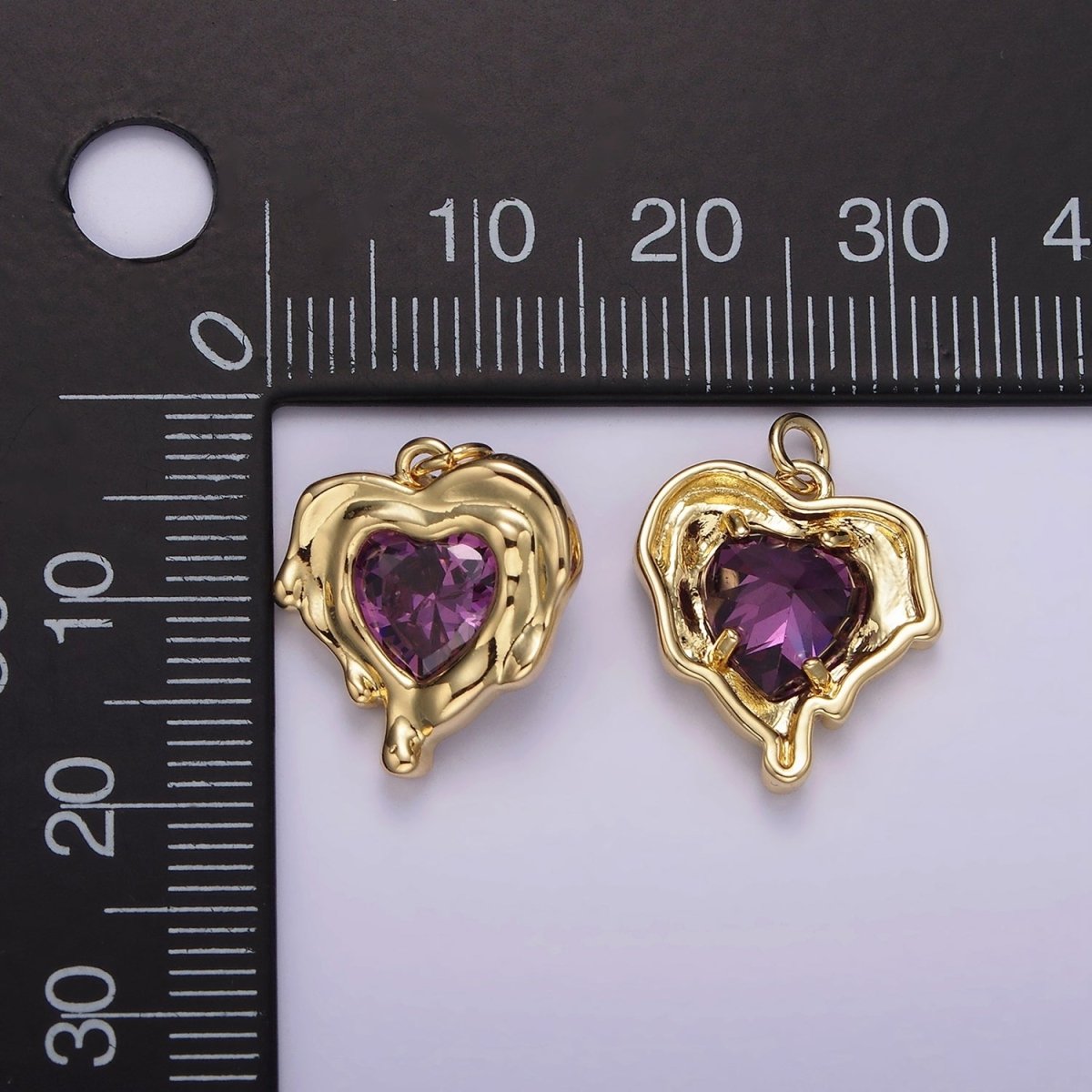 14K Gold Filled Red, Clear, Purple CZ Heart Molten Drip Bezel Charm | AG506 - AG508