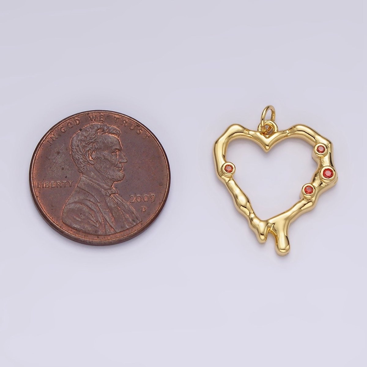 14K Gold Filled Red CZ Dotted Molten Drip Open Heart Charm | AC787
