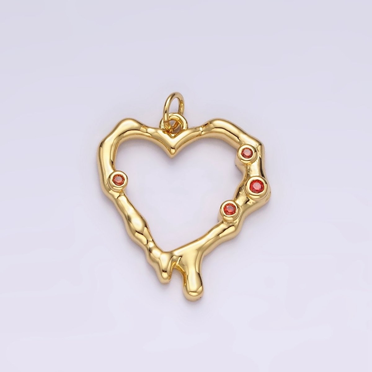14K Gold Filled Red CZ Dotted Molten Drip Open Heart Charm | AC787