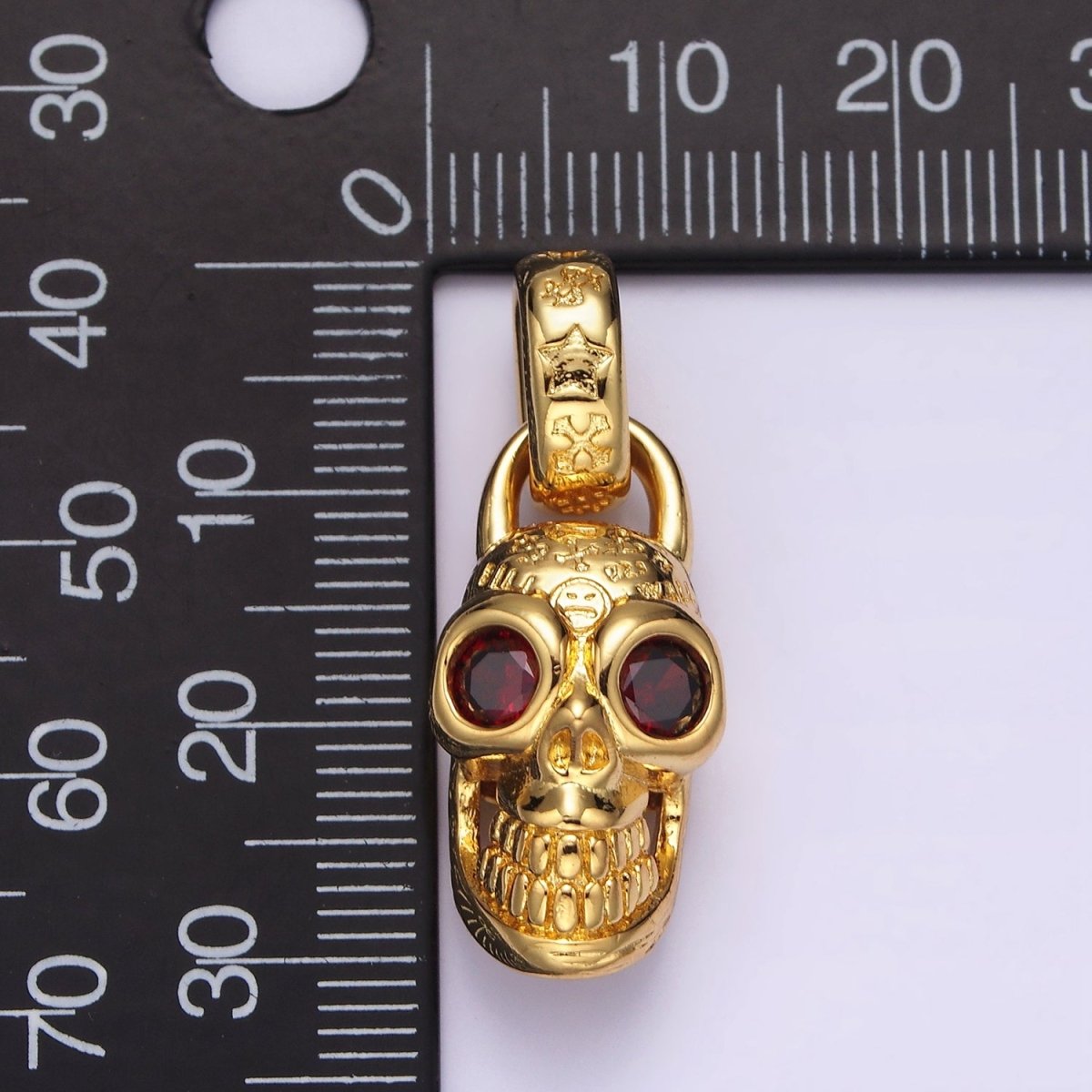 14K Gold Filled Red CZ Eyed Engraved Skeleton Skull Pendant in Gold & Silver | AC860 AC861