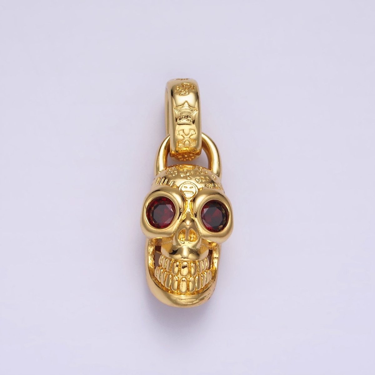 14K Gold Filled Red CZ Eyed Engraved Skeleton Skull Pendant in Gold & Silver | AC860 AC861