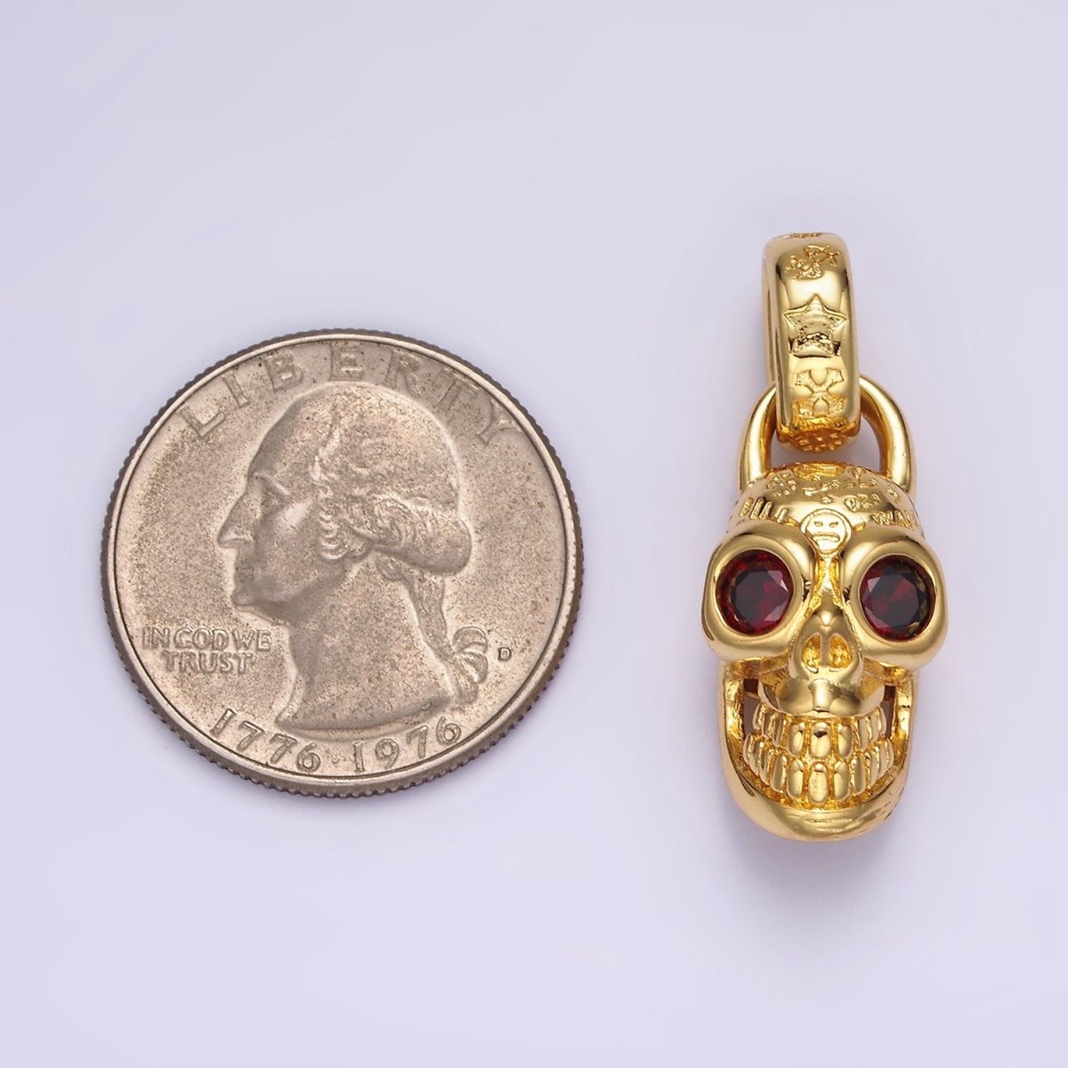 14K Gold Filled Red CZ Eyed Engraved Skeleton Skull Pendant in Gold & Silver | AC860 AC861