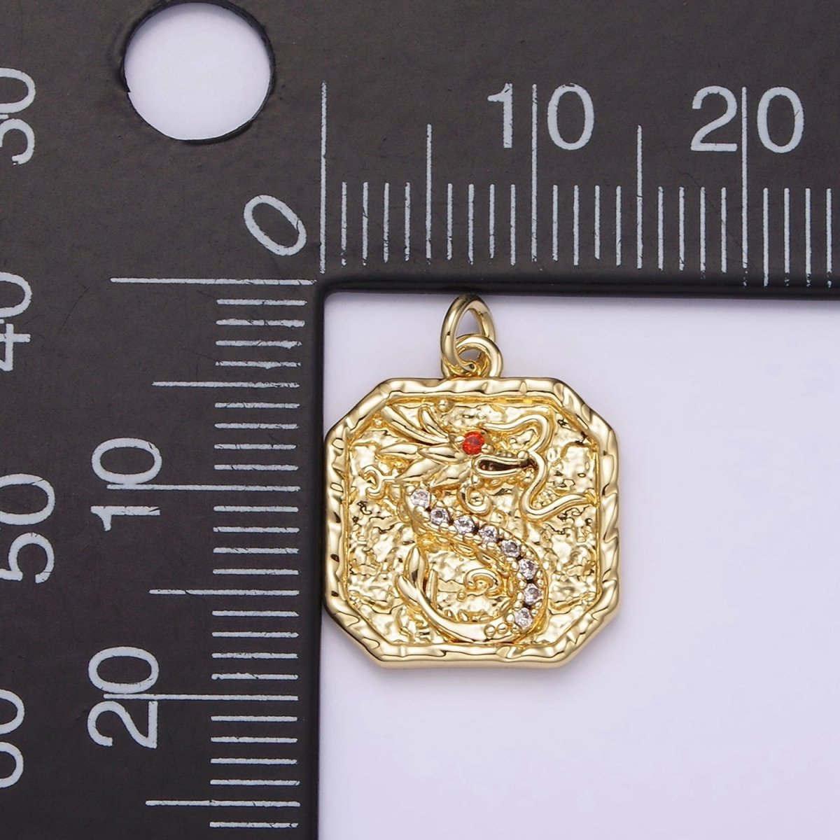 14K Gold Filled Red-Eyed CZ Dragon Micro Paved Hammered Hexagonal Charm | AG278