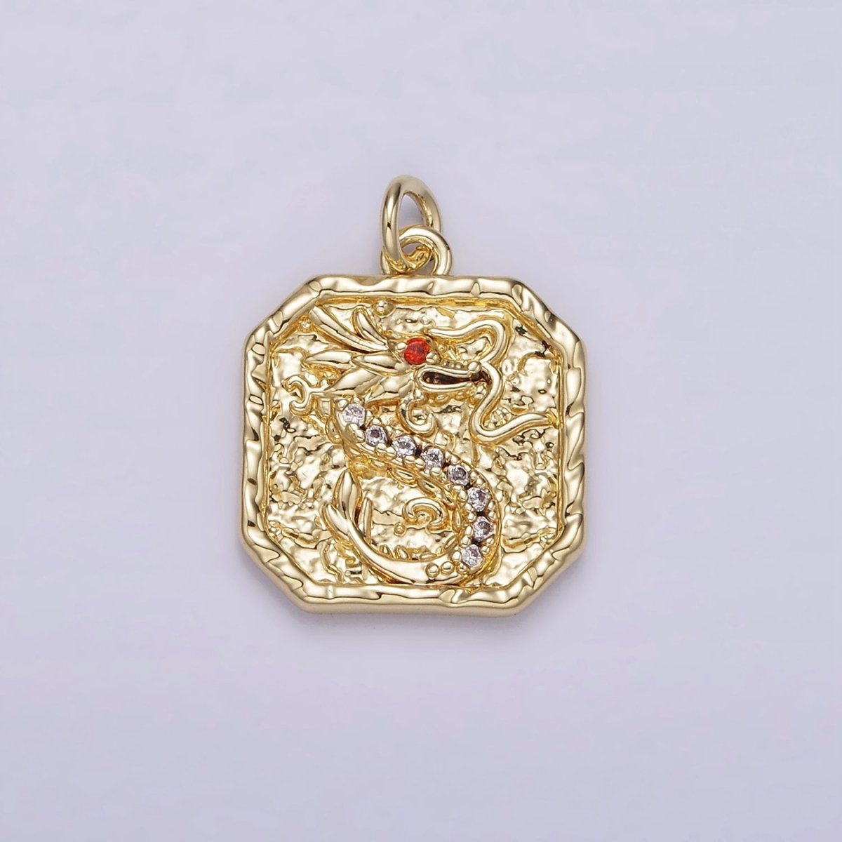 14K Gold Filled Red-Eyed CZ Dragon Micro Paved Hammered Hexagonal Charm | AG278