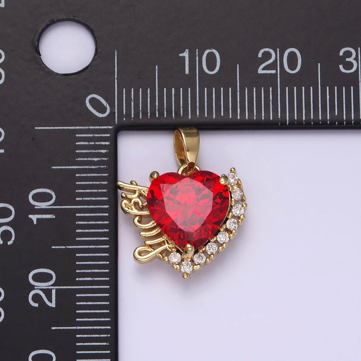 14K Gold Filled Red Heart CZ  "Lucky" Script Micro Paved CZ Outline Pendant | N1826