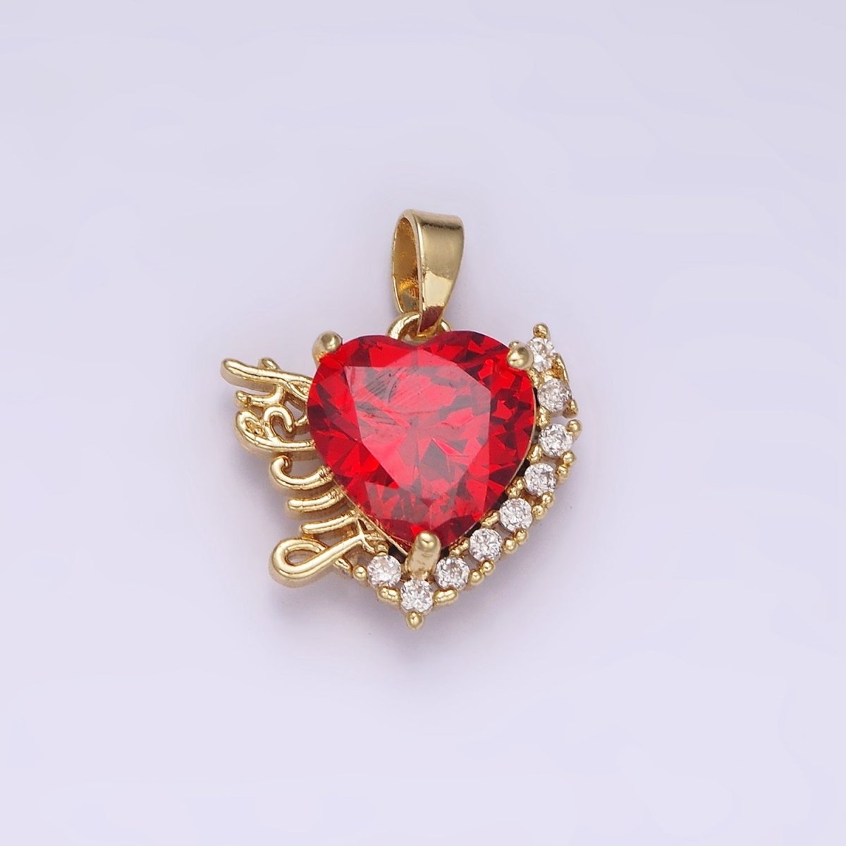 14K Gold Filled Red Heart CZ  "Lucky" Script Micro Paved CZ Outline Pendant | N1826