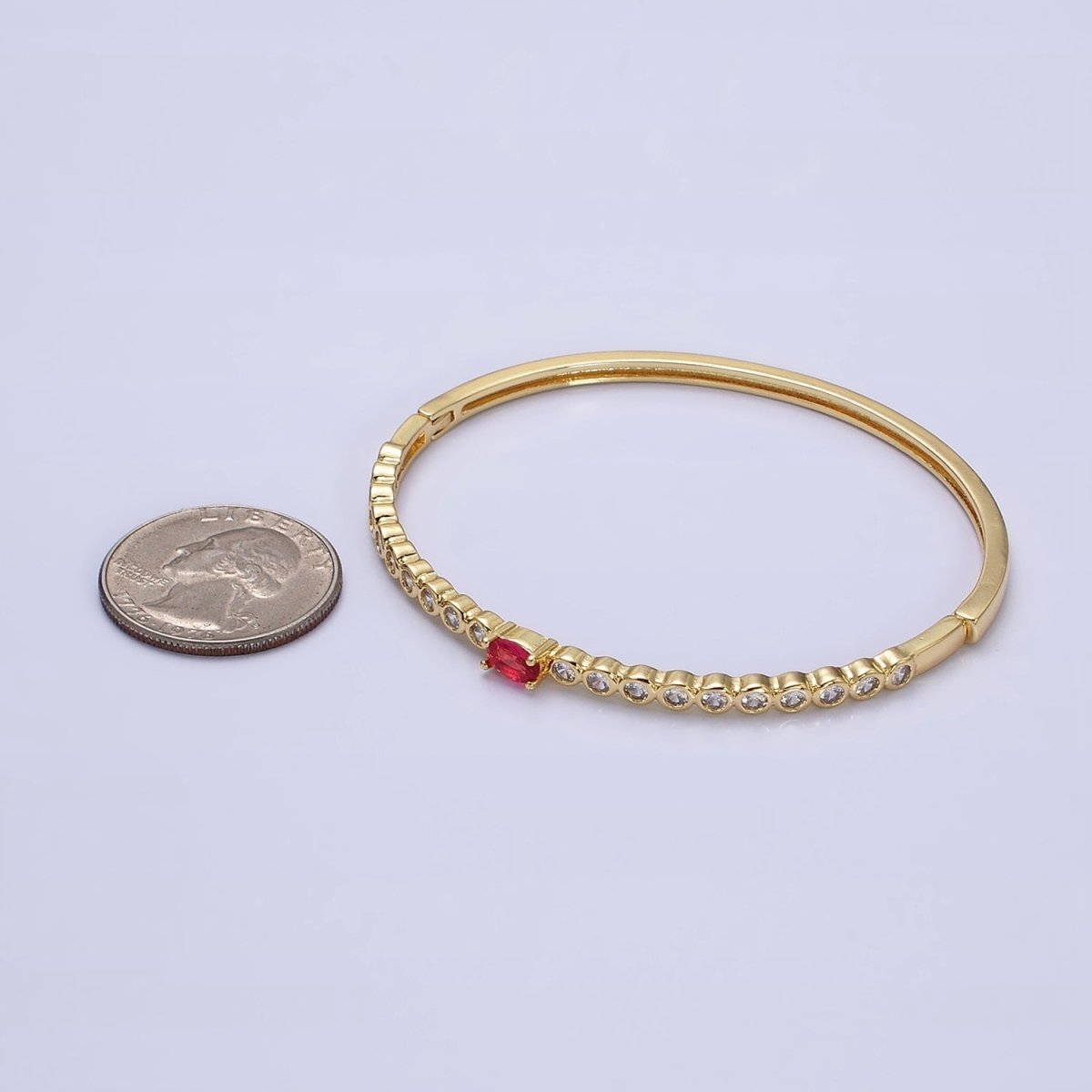 14K Gold Filled Red Oval CZ Round Clear Bezel Hinge Bangle Bracelet | WA-1754 Clearance Pricing