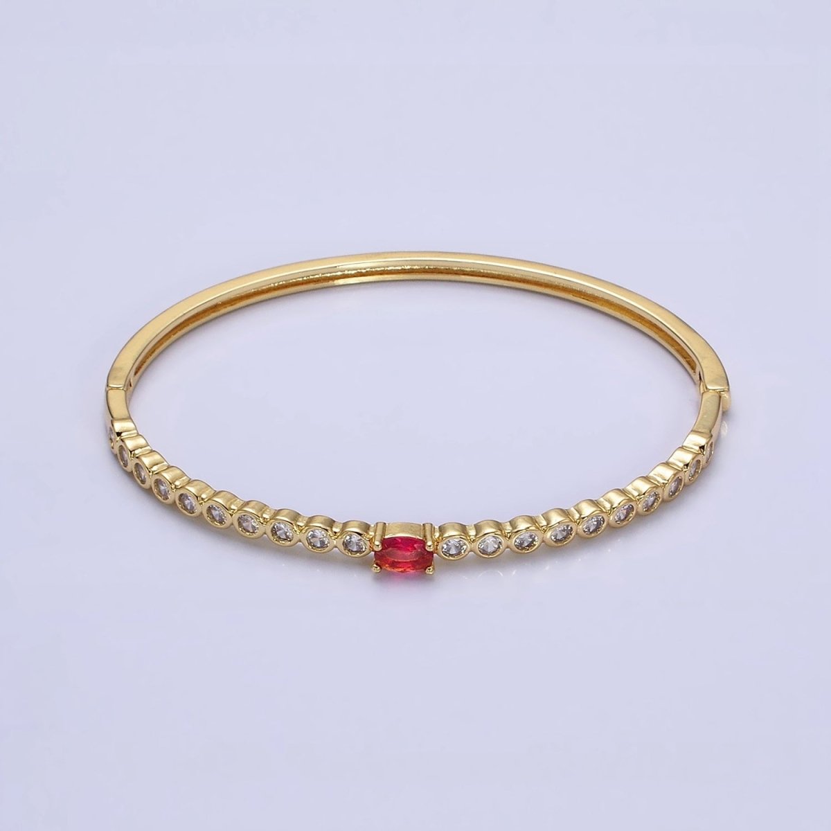 14K Gold Filled Red Oval CZ Round Clear Bezel Hinge Bangle Bracelet | WA-1754 Clearance Pricing