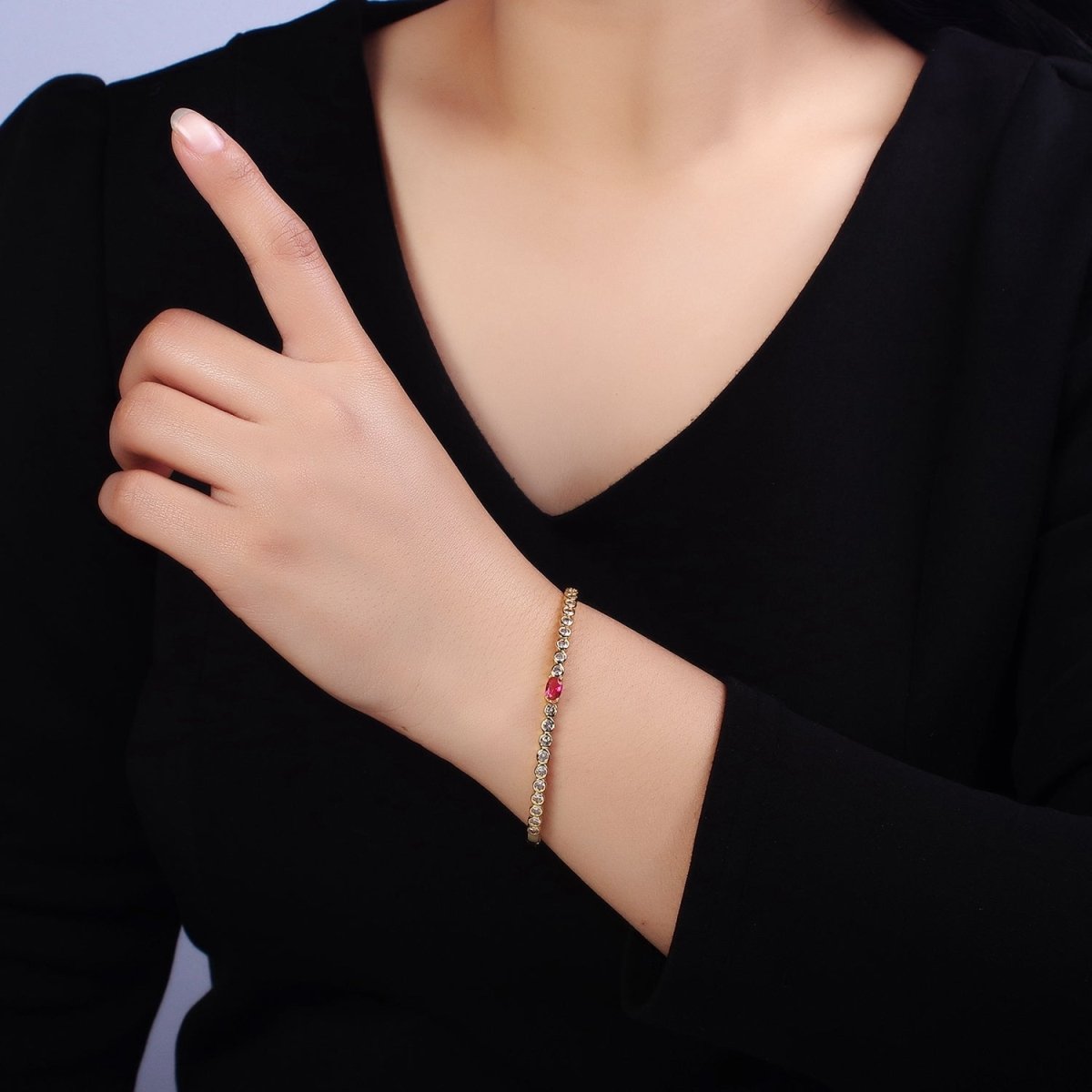 14K Gold Filled Red Oval CZ Round Clear Bezel Hinge Bangle Bracelet | WA-1754 Clearance Pricing