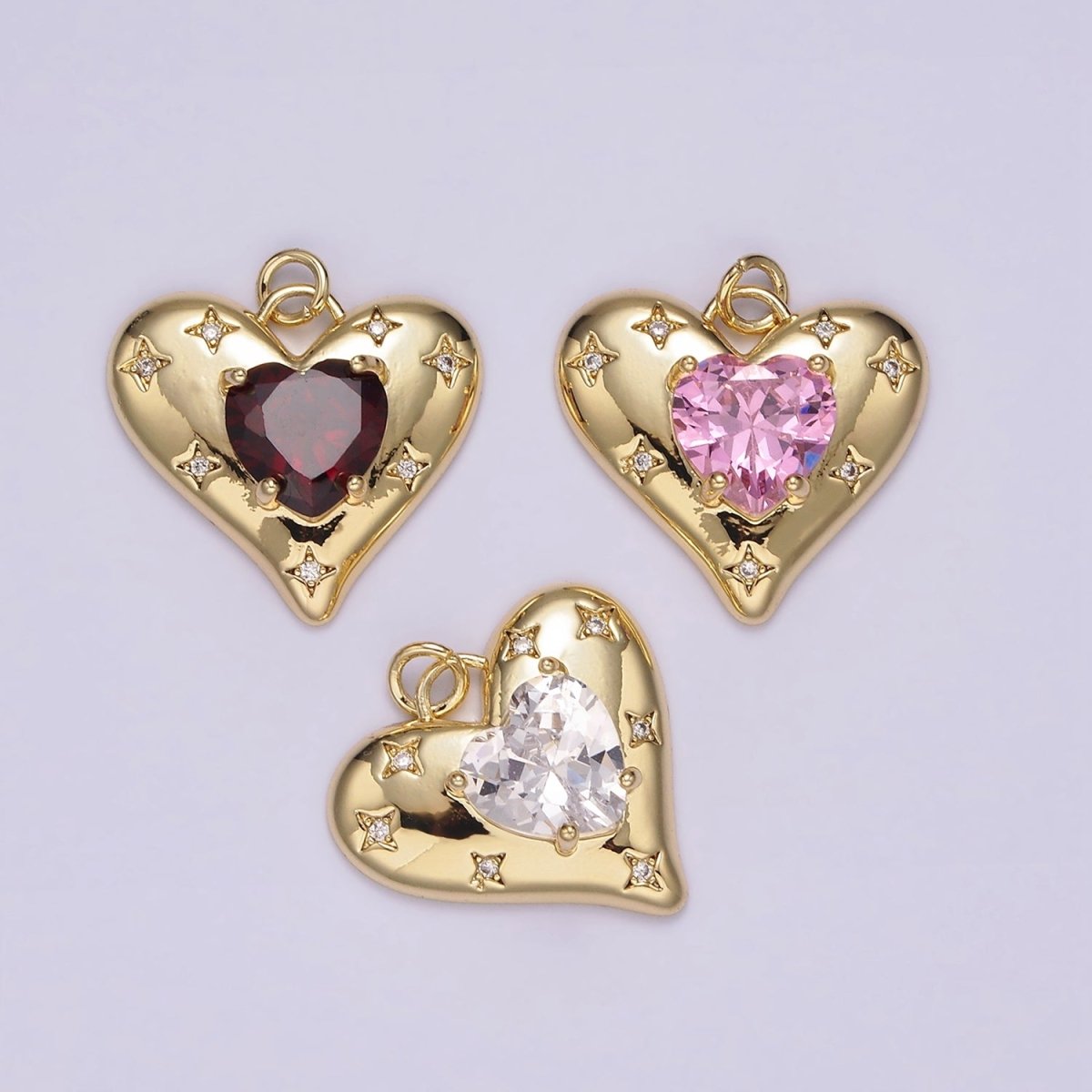 14K Gold Filled Red, Pink, Clear CZ Celestial Stars Heart Charm | AG500 - AG502