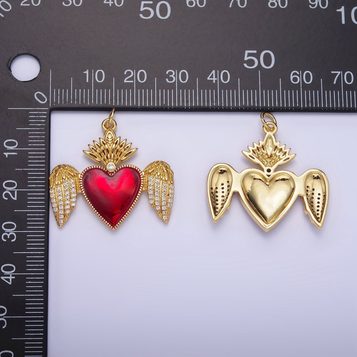 14K Gold Filled Red Sacred Heart Micro Paved CZ Feather Wings Charm | AG628