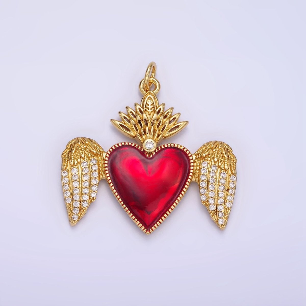 14K Gold Filled Red Sacred Heart Micro Paved CZ Feather Wings Charm | AG628