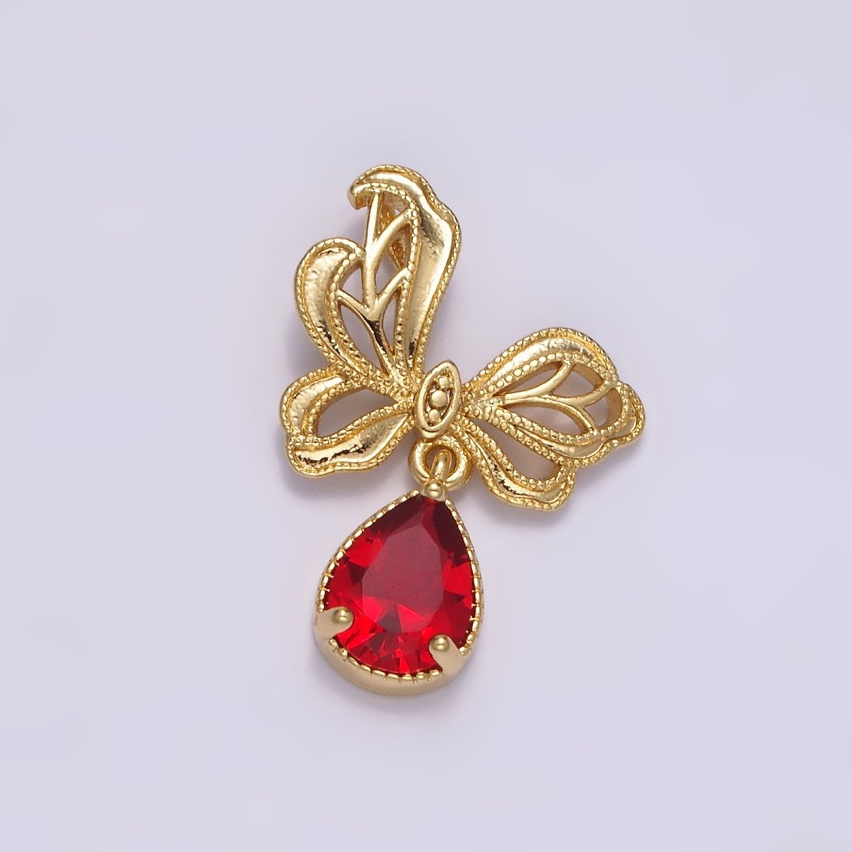 14K Gold Filled Red Teardrop CZ Beaded Butterfly Wings Pendant | AA727