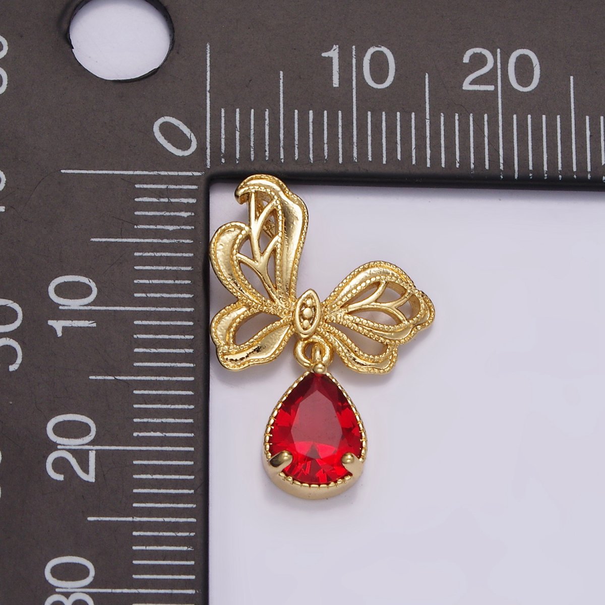 14K Gold Filled Red Teardrop CZ Beaded Butterfly Wings Pendant | AA727