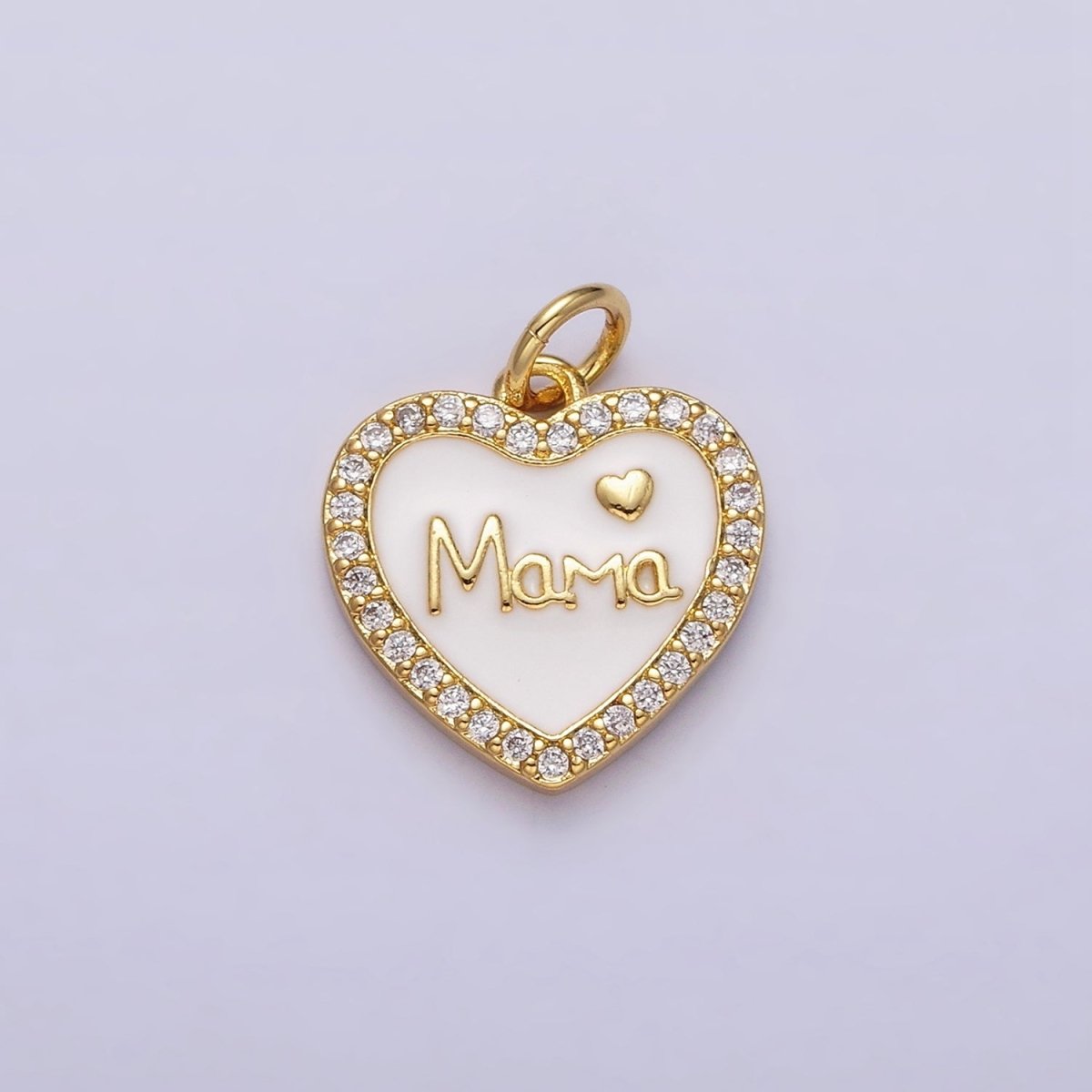 14K Gold Filled Red, White Enamel "Mama" Script Micro Paved CZ Heart Charm | AC1373 AC1374